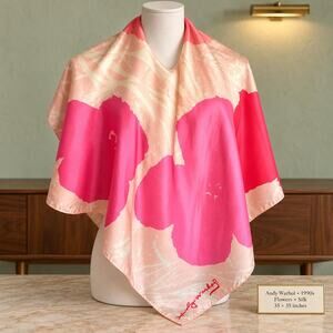 Vintage Andy Warhol 1990s Flowers Pop Art Pink Hibiscus Silk Scarf 35x35